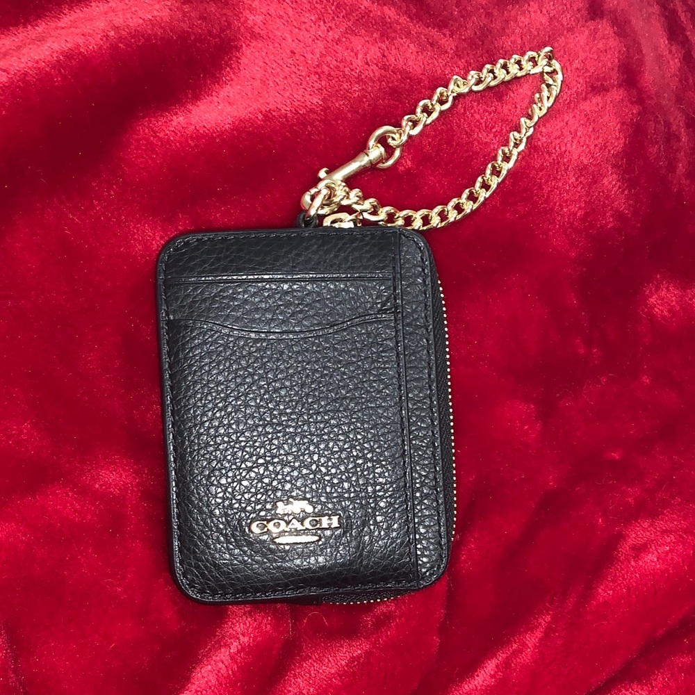 Coach Black Card Holder with Gold Chain